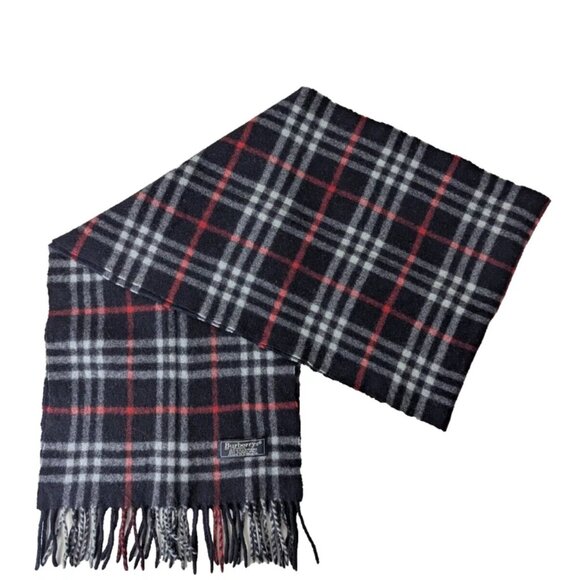 BURBERRY London Vintage Classic Nova Check Knit 100% Cashmere Fringe Black SCARF - Picture 1 of 6